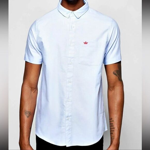 Brave Soul London Button Down Mens XL Light Blue Chambray Short Sleeve - Picture 1 of 9